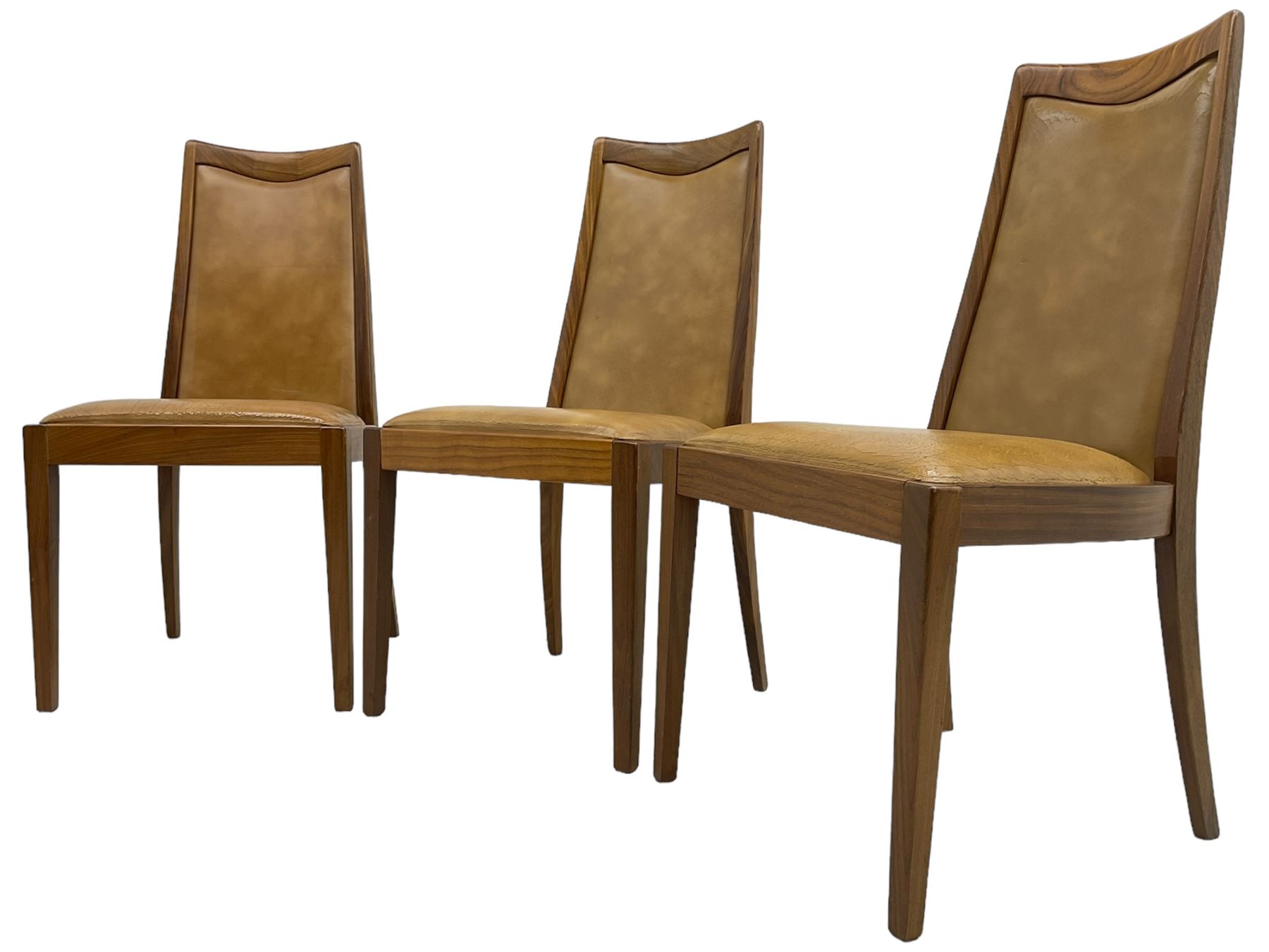 G-Plan - set of six mid-20th century teak 'Fresco' dining chairs, high back and seat upholstered in tan faux leather, on square tapering supports