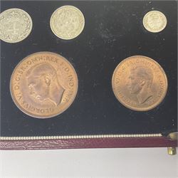 King George VI incomplete 1937 specimen coin set, missing silver Maundy twopence, cased 