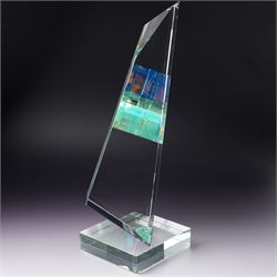 Toland Sand (American Contemporary): The Wedge - sculptural form made from cut, ground, polished and laminated optical glass with dichroic glass inclusions, signed and numbered 1225, 6-99. H39cm