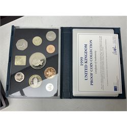 Mostly commemorative coins including The Royal Mint 1997 proof coin collection, Westminster 2013 'The Royal Baby Photographic 65mm' coin, Jubilee Mint 2017 'The Queen Elizabeth II Sapphire Jubilee' five pound coin collection etc