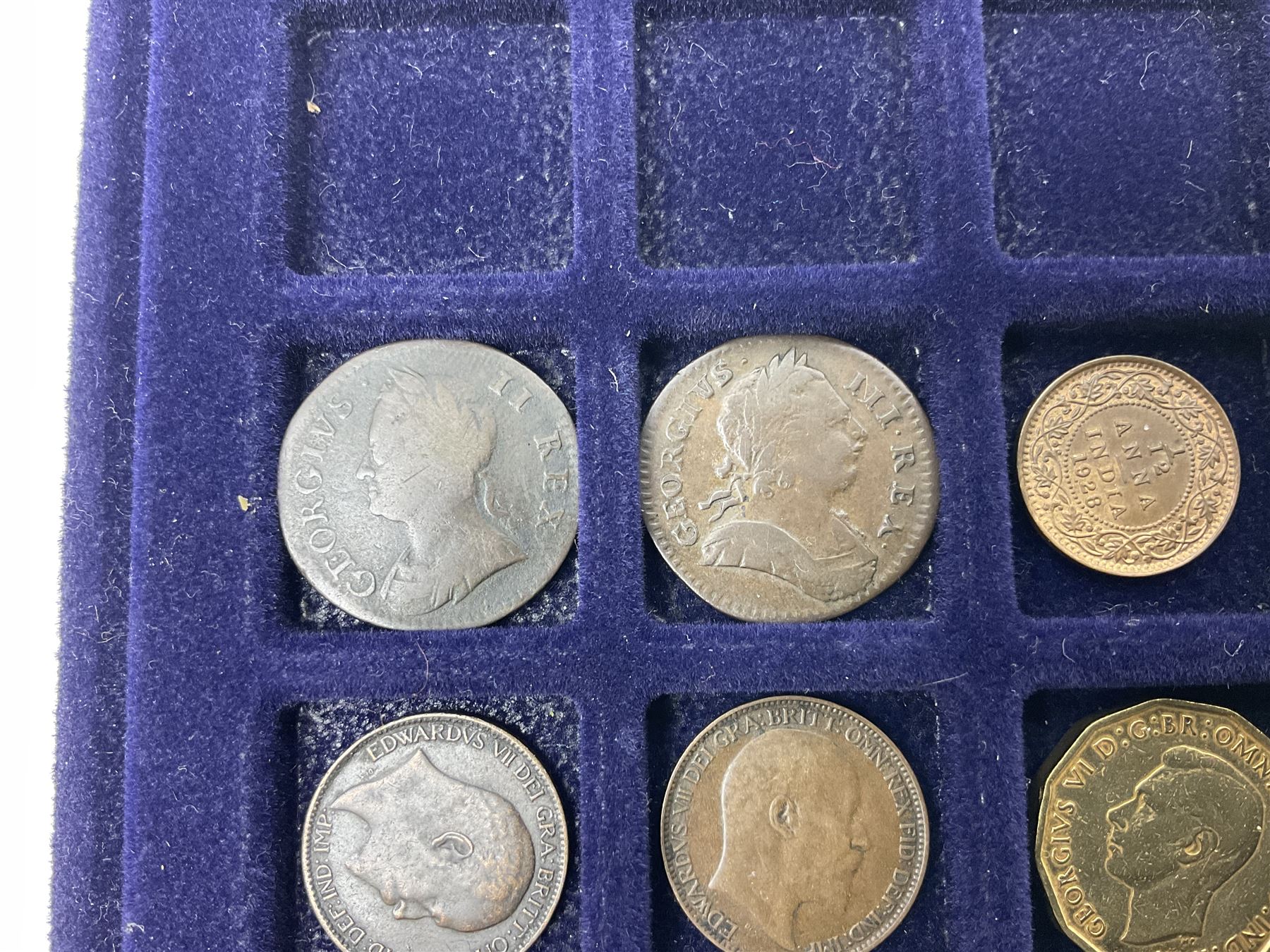 Commemorative, fantasy and other coinage, including George II 1754 farthing, George III 1773 farthing, cartwheel penny and cartwheel two pence, Queen Victoria Canada 1886 twenty five cents, various commemorative crowns etc, housed in three blue coin trays