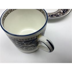 Wedgwood navy Florentine pattern coffee service for six, comprising coffeepot, coffee cans and saucers, milk jug, twin handled covered sucrier and small dish