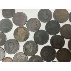 Mostly Great British coinage including three George III 1797 cartwheel twopence coins, Queen Victoria 1858 penny, 1861 'bun head' penny etc