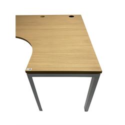 Light oak finish right hand desk, on white finish supports, together with a matching left hand desk (2)