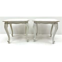 Pair white painted lamp tables, moulded shaped top, cabriole legs