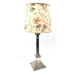  Silver-plated Corinthian column table lamp on square stepped base, H43cm excluding fitting  