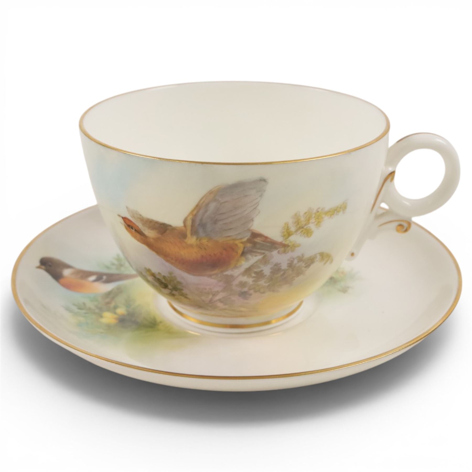Royal Worcester large novelty cup and saucer, each hand pained, the cup with grouse, the saucer with stonechat