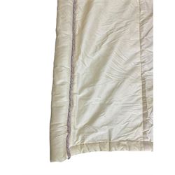 5' Kingsize headboard with stepped arch cresting, upholstered in cream silk with raised stitching decorated with trailing foliage branches and birds; matching bedspread (251cm x 218cm); two matching cushions  