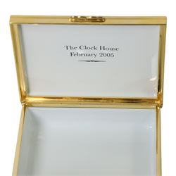 Two Halcyon Days bespoke commissioned enamel pill boxes, painted with 'The Clock House' and 'Polly & Lizzie'