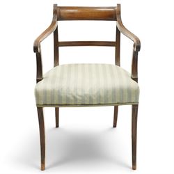 Georgian mahogany reeded carver armchair or elbow chair, bar back and scrolled arm terminals above over-stuffed seat, raised on sabre supports