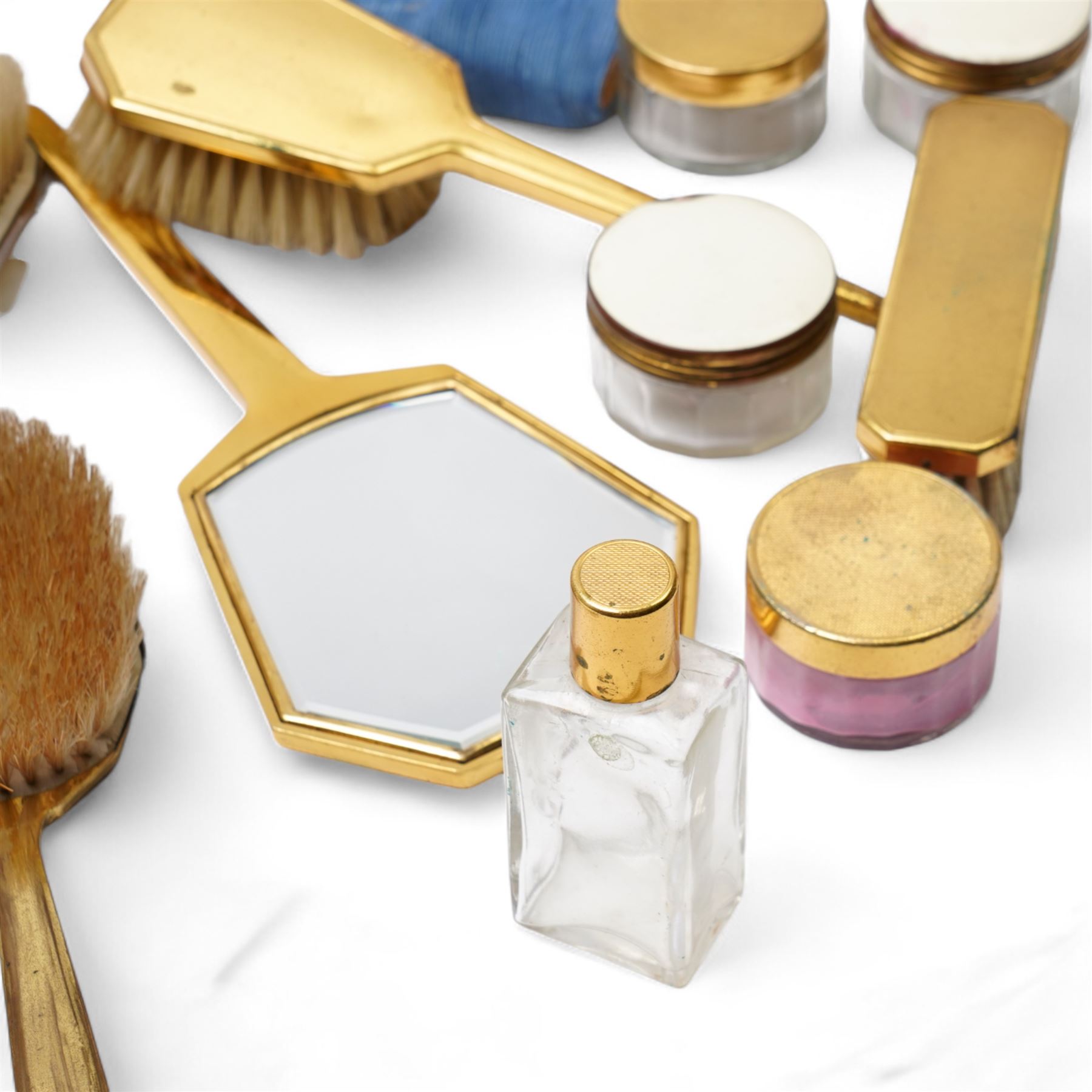 *Collection of dressing table jars, powder bowls and brushes, together with a collection of sewing cushions and an over-knee sewing bag
From the Kirkham Hall Attic & Cellar Collection, sold without reserve