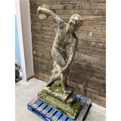 Life-size weathered cast stone Greek Discus Athlete, seated on rectangular slab raised on associated architectural plinth
