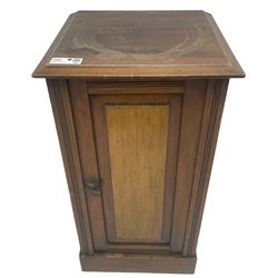 Victorian walnut bedside cupboard, moulded top over single panelled door with birdseye maple panel, fitted with shelf, on skirted base 