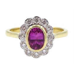 18ct gold pink sapphire and diamond cluster ring, hallmarked, sapphire approx 0.65 carat