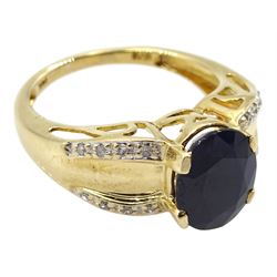 14ct gold oval sapphire ring, with diamond set shoulders, stamped 14K, sapphire approx 2.75 carat