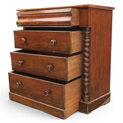 William IV style mahogany chest, rectangular moulded top over cushion-moulded frieze drawer and three long drawers with turned wooden handles, flanked by rope-twist turned pilasters, on plinth base