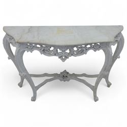 Early 20th-century Rococo revival-style console table, white serpentine-shaped marble top with moulded edge, frieze with openwork scrolling foliage, rocaille shells and deep apron, stretcher with central carved cartouche with shell and foliate motifs, supported on four cabriole legs, knees carved with acanthus leaf and terminating in scroll feet 