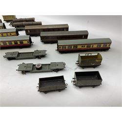 Hornby Dublo - six passenger coaches (four crimson/cream and two LMS); and nine goods wagons including two log transporters; all unboxed (15)