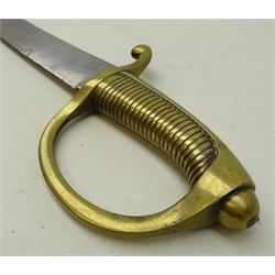  Naval short sword, 56cm curved single edge blade with ribbed brass hilt and guard, L70cm  