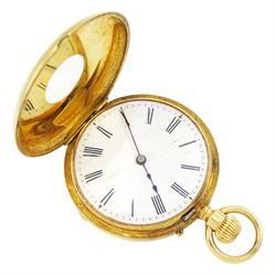 Victorian 18ct gold half hunter keyless lever pocket watch by Le Roy et Fils, Paris, No. 48021, white enamel dial with Roman numeral hour markers, back case monogrammed with initials, the 'B' with blue enamel, case stamped 18K