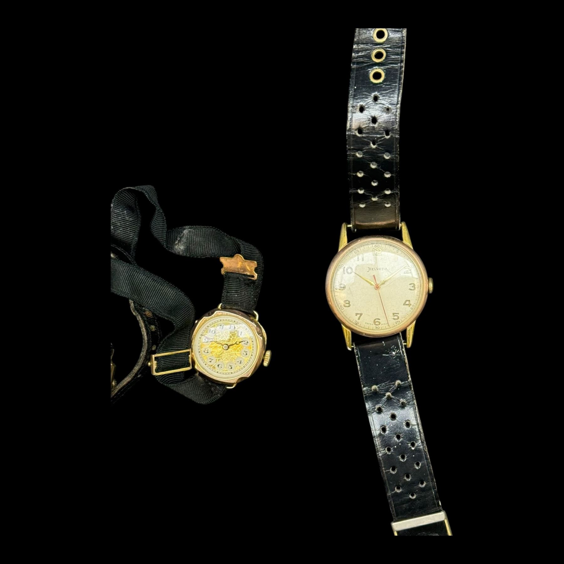 Three 9ct gold cased wristwatches, including ladies Avia watch on leather strap, Helvetia gentlemans wristwatch on leather strap, ladies wristwatch on canvas strap, together with a gold plated Perona automatic wristwatch on leather strap