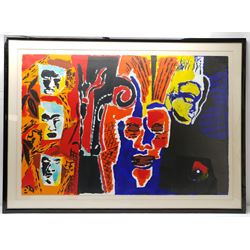 Attrib. Tom Pemberton (Northern British 1925-2017): Abstract Faces, mixed media on paper indistinctly signed and dated 1984, 76cm x 114cm