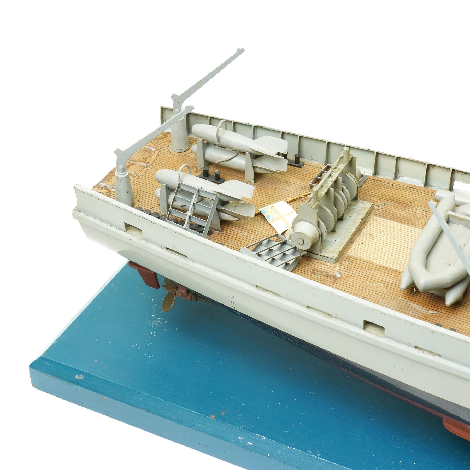 Scale built wooden model of the minesweeper HMS Bronington M1115 on wooden base, under the command of HRH Prince Charles in 1976 L104cm with booklet and drawings