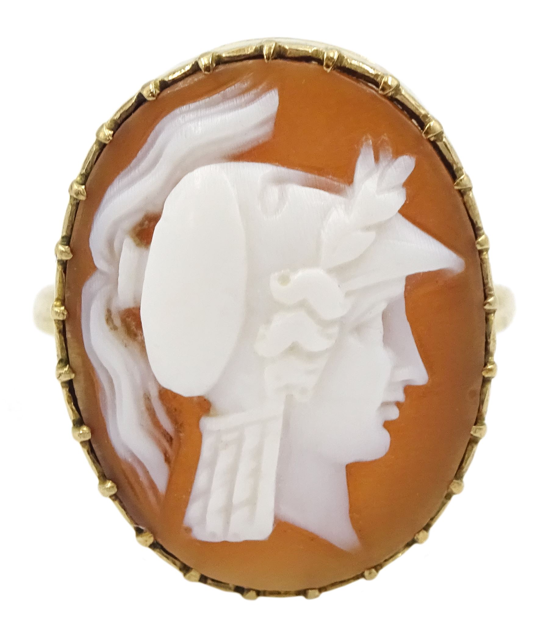 Victorian gold cameo ring depicting the goddess Minerva, stamped 9ct 