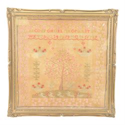 19th century sampler by Mary Allanson 1834, the alphabet above an apple tree surrounded by...