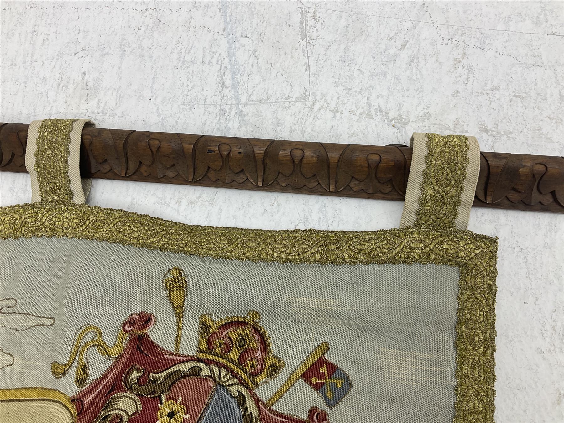 Medieval style German tapestry wall hanging suspended from carved oak pole depicting fairy-tale Rapunzel scene, H126cm W160cm approx 