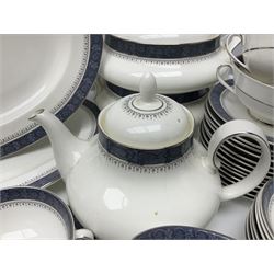 Royal Doulton Sherbrooke pattern part dinner and tea service, to include teapot, ten twin handled soup bowls and saucers, two serving platters, three twin handled covered dishes etc (63)  