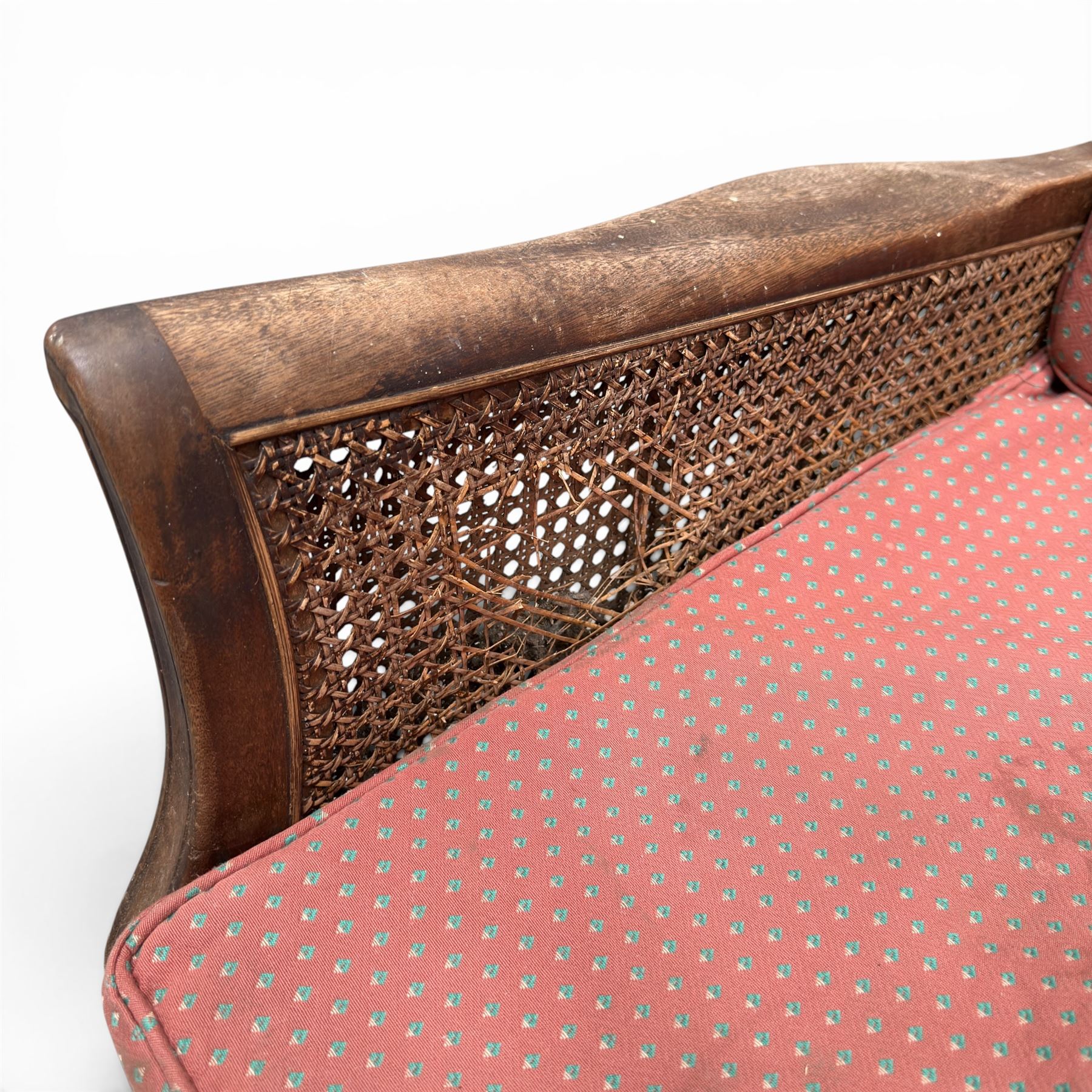 Early 20th century French style bergère conservatory suite, canework back and sides with red upholstered loose seat cushions, on cabriole feet