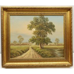 English School (20th century): Country Lane, oil on board indistinctly signed 39cm x 49cm