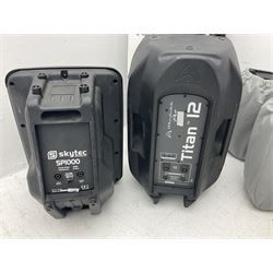 Wharfedale Pro Titan 12 speaker, pair of Wharfedale pro titan 8 speakers, Skytec SP1000 speaker, img stage line PAB-110 MK2 speaker and five speaker stands of various sizes (10)