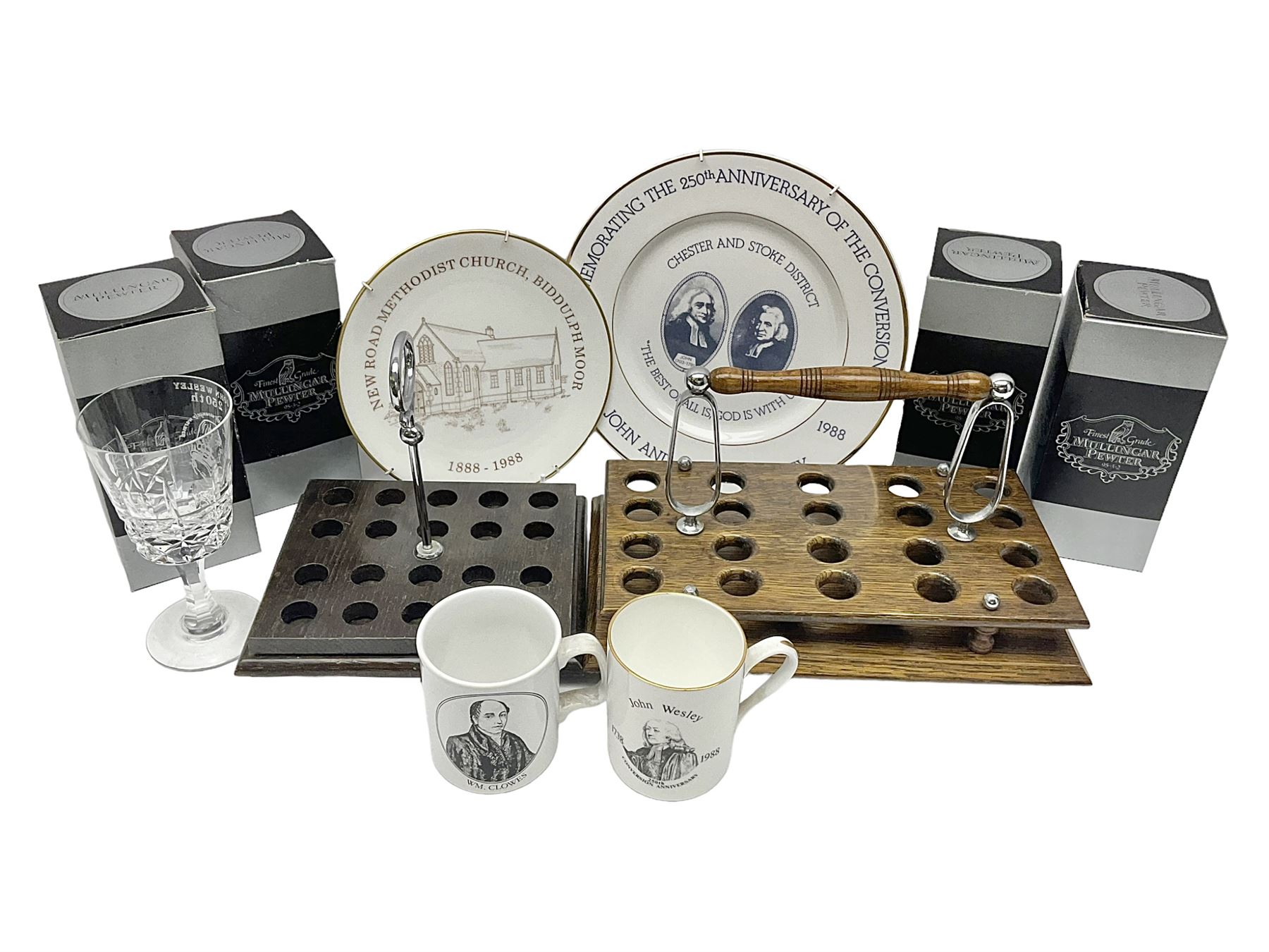 Collectables relating to the Methodist Church, including plates, goblet and mugs commemorating the 250th anniversary of the church, together with two wooden communion cup holders, etc