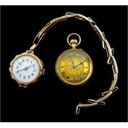 Early 20th century rose gold ladies wristwatch hallmarked 9ct, on gold expanding strap stamped 9ct, ladies gold fob watch hallmarked 9ct