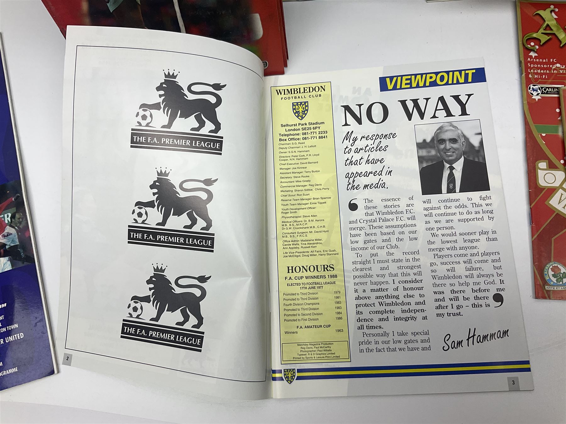 Quantity of mostly football programmes including Wimbledon vs Arsenal Saturday 5th September 1992, Arsenal FC vs Blackburn Rovers Saturday February 26th season 1993/94, Liverpool vs Arsenal Saturday 2nd October 1993, The F.A. Charity Shield Arsenal vs Manchester United 7th August 1993 etc