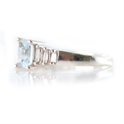 10ct white gold aquamarine and diamond ring, single octagonal cut aquamarine of approx 0.45 carat, with three tapered baguette cut diamonds set either side, stamped