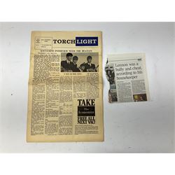 John Lennon interview recording conducted by John Hill student of Hull University on the 16th October 1964 at the A.B.C. Theatre Hull on behalf of the university newspaper 'Torchlight'. The interview lasts eight and a half minutes. It catches John in an upbeat breezy mood answering questions about the following topics: the song writing process ('sometimes you get an idea ....I dunno....my left leg.... and then write about that....'), recording (.... 'they just say - you're recording on such and such a date and they hope we turn up with some good songs written ....'), an alternative career path (.... 'I'd probably just have been a lay-about....'), failing at college (....'some other lads did my exams for me ....'), reading matter ( Clockwork Orange, Alice in Wonderland), his books of prose, tastes in music, the Blues, The Rolling Stones, being a Beatle vis-a-vis anonymity ('Whatever I'd be I'd choose to be rich .... who wants to walk down the street?').
The interview was recorded on 1/4 inch Emitape on a Fi-Cord Fidelity Recording machine. The reel-to-reel tape comes in its original Emitape plastic box and is accompanied by the Fi-Cord reel-to-reel machine on which the interview was originally recorded. Also included in this lot are a copy of the 'Torchlight' newspaper from 21st November 1964, two photographs of the interviewer with John Lennon (the interviewer is pictured to the left of John Lennon in the photograph in which John is signing a sketch) and one photograph of Paul McCartney with another reporter, the largest measures 12 x 16.5cm and a transcript of the interview. The recording is also accompanied by the original Fi-Cord tape recorder with microphone, four original 2v batteries and battery charger. The tape recorder has been adapted to take 3xAA batteries and the 2v battery charger is fitted with a standard UK 3-pin AC plug. The interview was recorded in the press room prior to the Beatles concert at the A.B.C. Theatre and is sold with copyright.