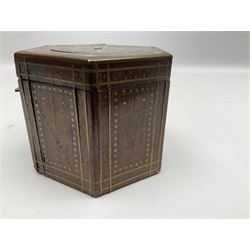 19th century Persian rosewood tea caddy, of hexagonal form, the sides strung and inlaid with brass wire to form panels of flowering urns and flower heads within scalloped borders, the hinged cover similarly strung and inlaid with brass, copper and mother of pearl in the form of a flower head and lozenge border, surrounding an inner circular banded motif, opening to reveal a red stained interior, H9.5cm D12cm