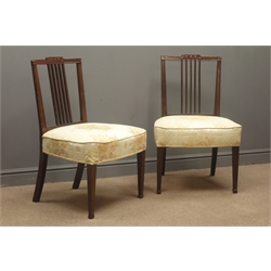  Pair 19th century mahogany wide seat side chairs, shaped cresting rail, upholstered seat, square tapering legs on spade feet  