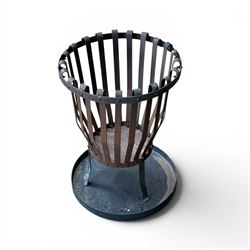 Wrought metal garden burner, circular tapering form, with circular lid converting to ash pan