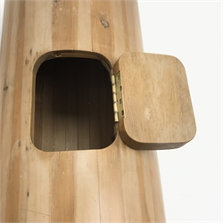  Pine tombola drum, turning handle, hinged door, plinth base, W100cm, H50cm, D40cm  