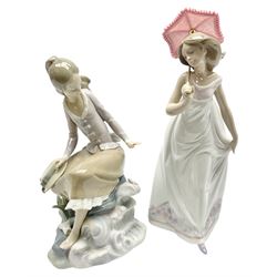 Two Lladro figures, comprising Girl at Pond no 4918 and Afternoon Promenade no 7363, both with original boxes, largest example H28cm