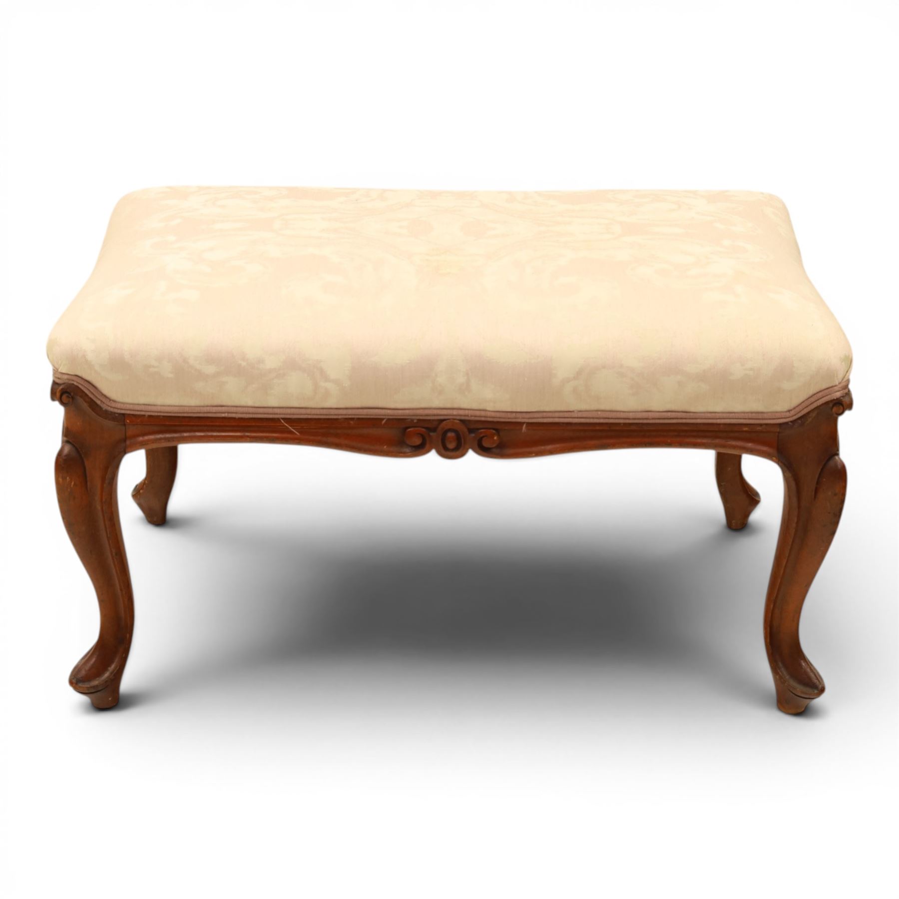 French walnut dressing stool, upholstered in pink damask fabric, raised on cabriole legs 