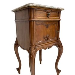 Mid-to late 20th century French walnut bedside pot cupboards, variegated rouge and grey marble top with moulded edge, drawer over cupboard carved with foliate detail, on shell carved cabriole supports with scroll terminals 