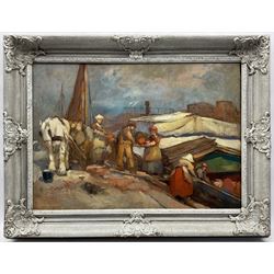 August Willem Van Voorden (Dutch 1881-1921): Loading a Barge, oil on panel signed, indistinctly inscribed on labels verso 48cm x 69cm