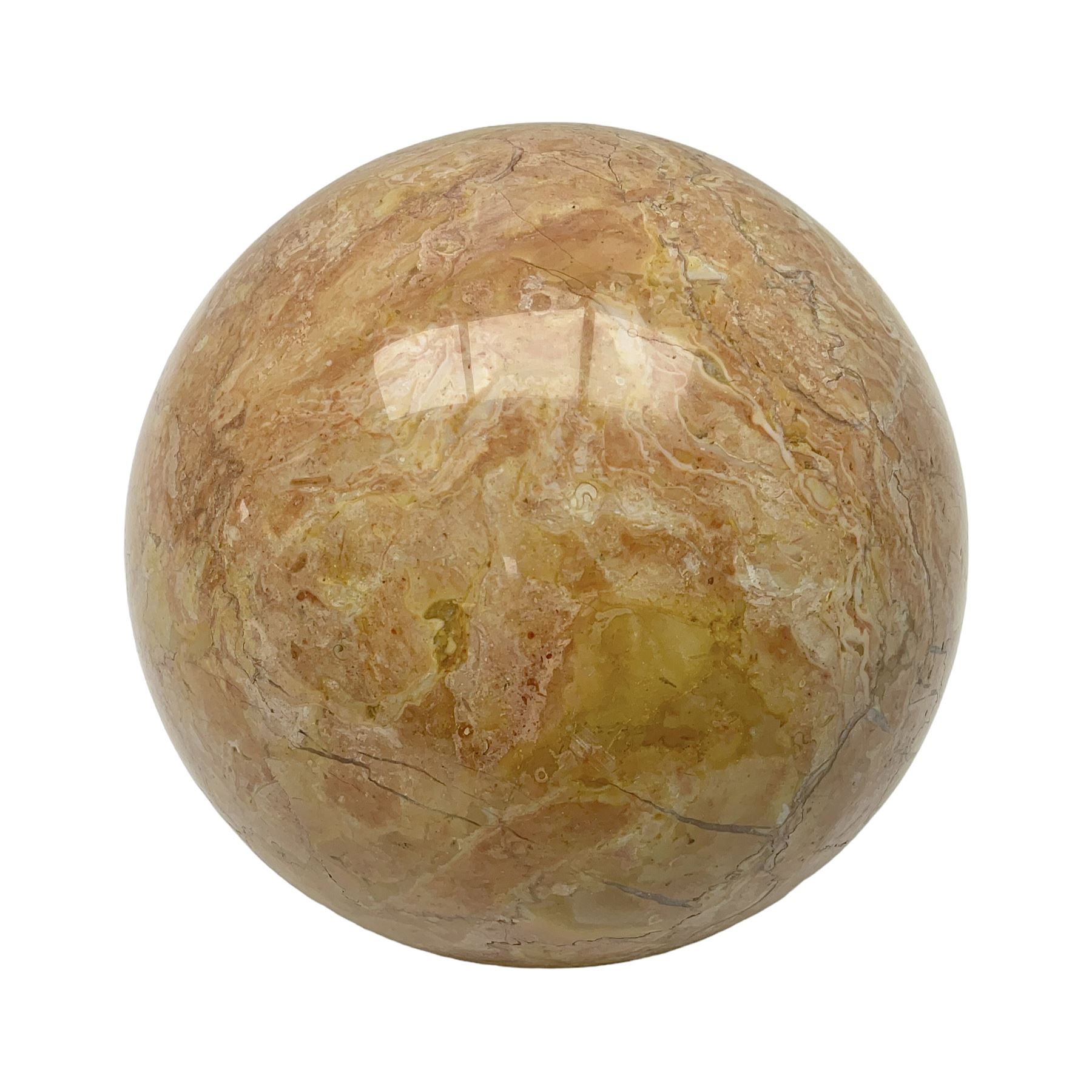 Large pink veined marble sphere, with yellow and grey undertones, D14cm