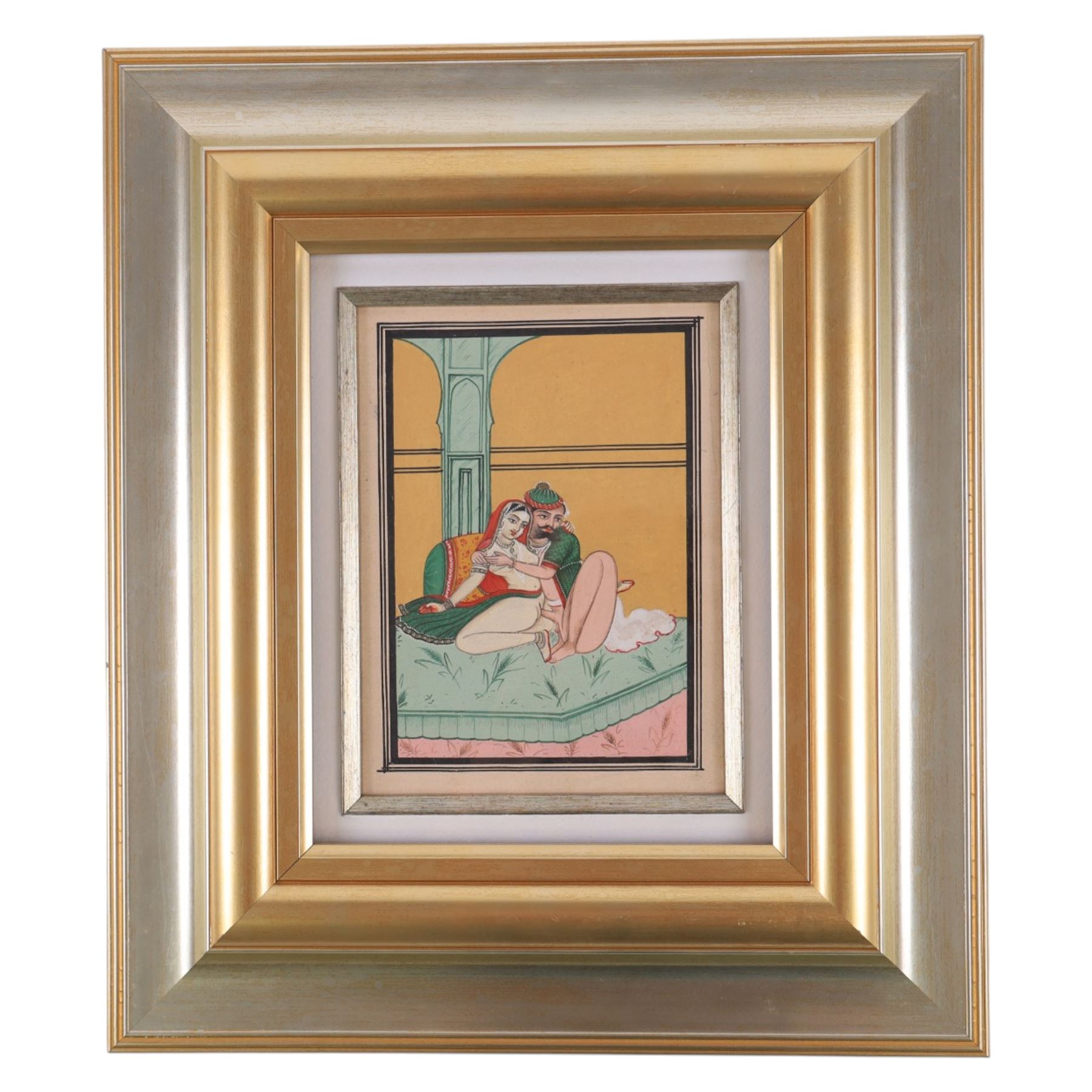 Moghul School (19th/20th century): Erotic scenes, pair watercolours unsigned 19cm x 13.5cm; Japanese School (19th/20th century): Lady's Bath House, woodcut print 13cm x 19cm (3)