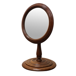  Victorian mahogany adjustable toilet mirror, circular plate in reeded surround, baluster turned column with brass adjust on ring turned stepped circular base, H79cm, W36cm, max  